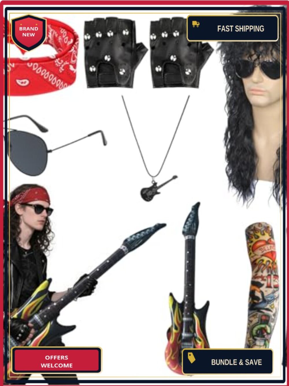 7 Pc Rockstar Costume Set 80s 90s Punk Accessories Wig Glasses Guitar